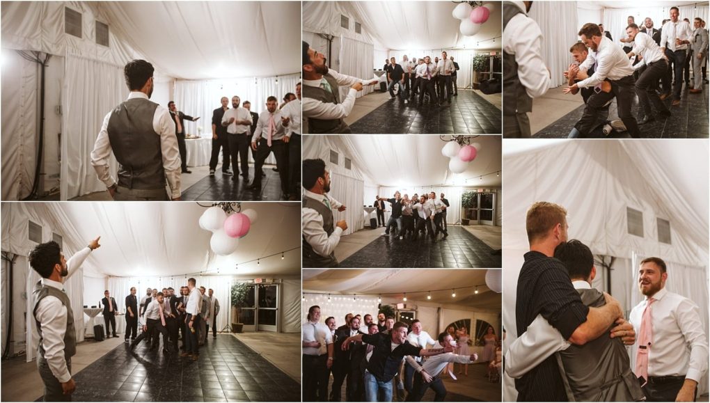 Premier snohomish & seattle wedding photographer | gsquared weddings photography a collage captures a group of men at a snohomish wedding reception laughing and reaching as the groom prepares to toss the garter inside a white tent adorned with string lights and pink paper lanterns | serving snohomish seattle                   & beyond