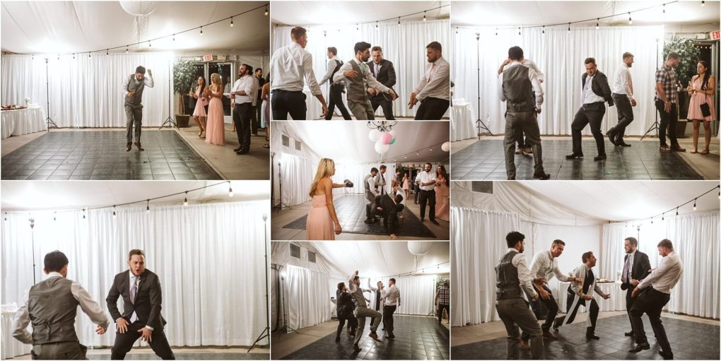 Premier snohomish & seattle wedding photographer | gsquared weddings photography a collage of wedding guests mostly men in dress shirts and vests dancing energetically on a black dance floor in a white draped snohomish reception hall with others watching and smiling in the background | serving snohomish seattle                   & beyond