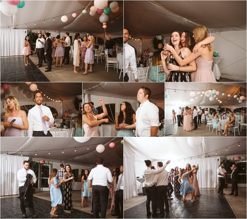 Premier snohomish & seattle wedding photographer | gsquared weddings photography a collage of snohomish wedding reception photos shows guests dressed in formal attire dancing laughing and socializing in a decorated tent with hanging paper lanterns and festive lights | serving snohomish seattle                   & beyond