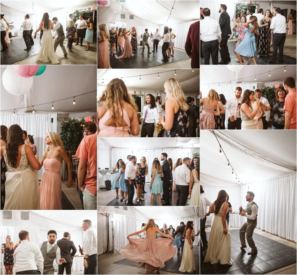 Premier snohomish & seattle wedding photographer | gsquared weddings photography a collage of snohomish wedding reception photos shows guests dancing laughing and celebrating under a white tent decorated with string lights Women in dresses and men in shirts enjoy the lively atmosphere at this beautiful seattle engagement | serving snohomish seattle                   & beyond