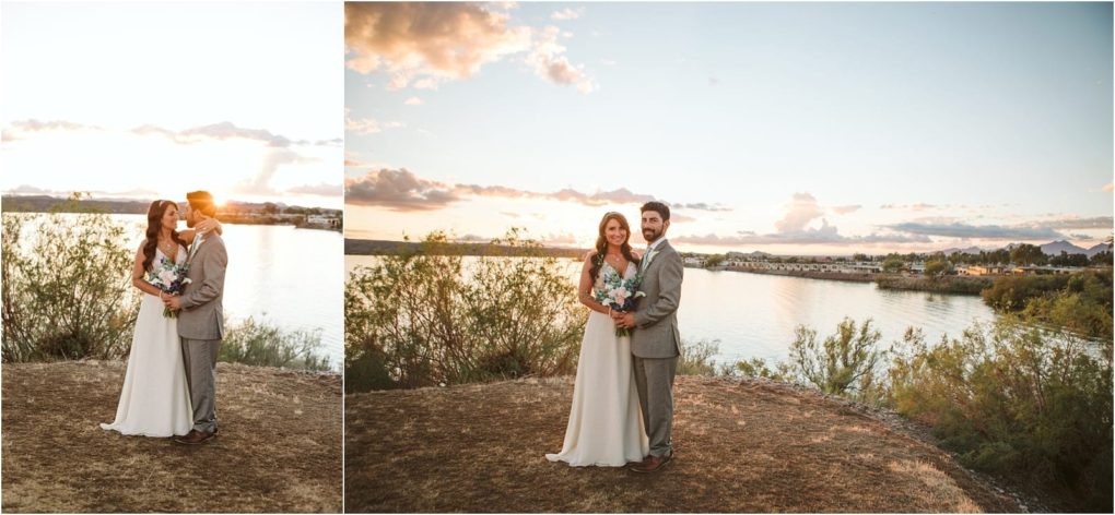 Premier snohomish & seattle wedding photographer | gsquared weddings photography a bride and groom stand together outdoors by a lake at sunset holding a bouquet and smiling The sky is bright with some clouds and lush greenery surrounds the couple during their snohomish seattle wedding | serving snohomish seattle                   & beyond