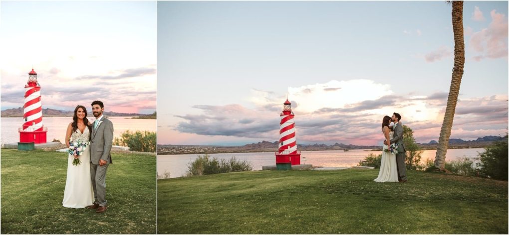 Premier snohomish & seattle wedding photographer | gsquared weddings photography a bride and groom stand together on a grassy area near a red and white striped lighthouse by a lake with mountains and a partly cloudy sky in the background capturing the charm of a snohomish seattle wedding engagement | serving snohomish seattle                   & beyond