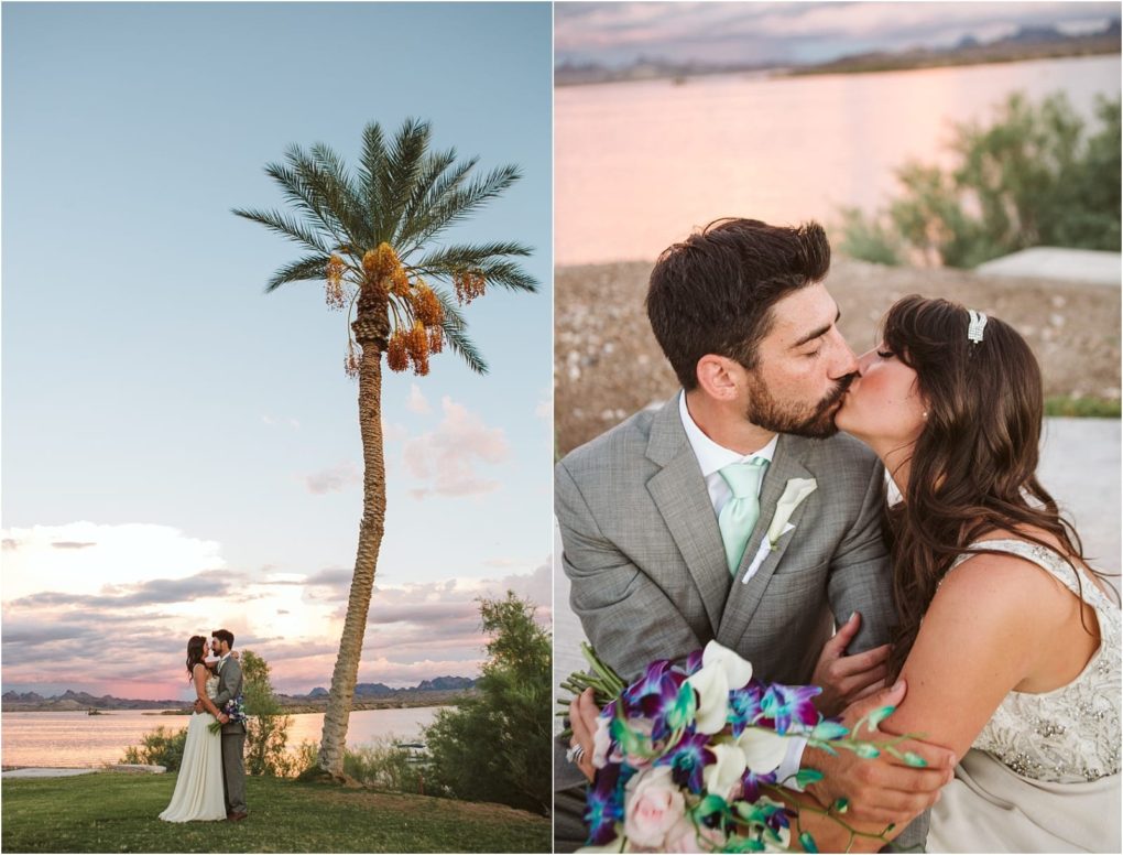 Premier snohomish & seattle wedding photographer | gsquared weddings photography split image on the left a couple kisses under a tall palm tree by a lake at sunset On the right the same couple shares a joyful kiss in wedding attire holding a vibrant bouquetcapturing their snohomish seattle wedding engagement | serving snohomish seattle                   & beyond