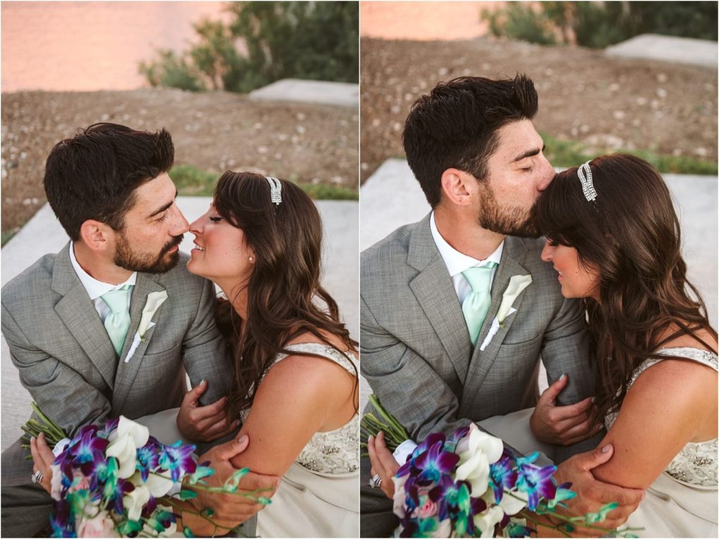 Premier snohomish & seattle wedding photographer | gsquared weddings photography a bride and groom sit close together outdoors during their snohomish seattle wedding In the left image they lean in for a kiss in the right the groom kisses her forehead as she smiles holding a bouquet of purple teal and white flowers | serving snohomish seattle                   & beyond