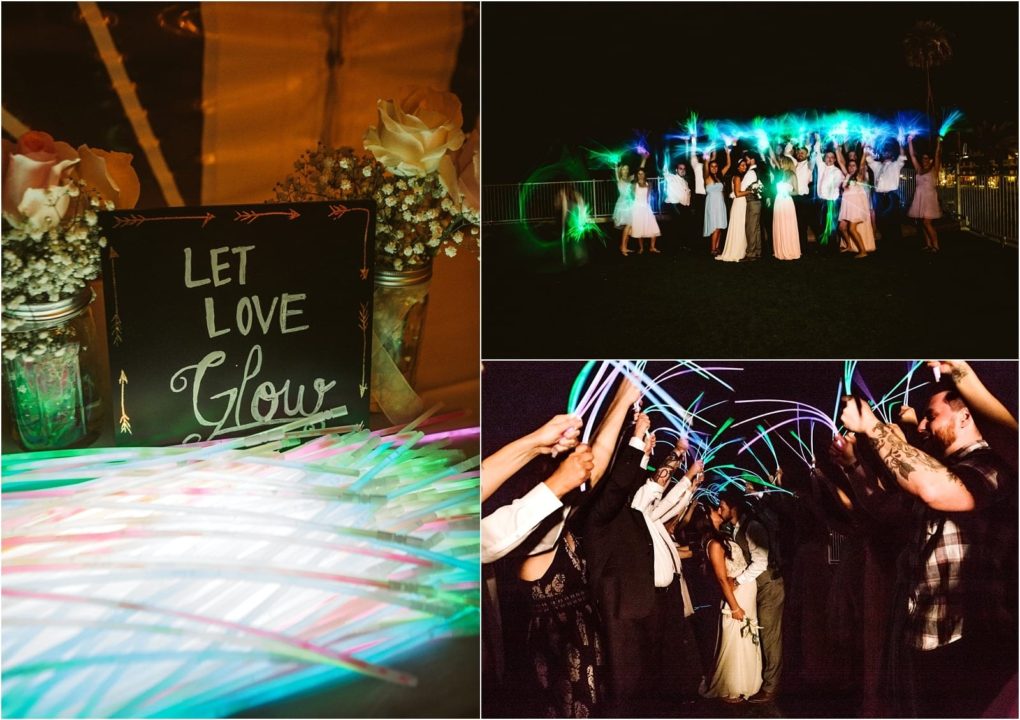 Premier snohomish & seattle wedding photographer | gsquared weddings photography a collage features glow sticks at a snohomish seattle wedding a sign reads let love glow a close up of glowing sticks and guests celebrating at night with glow sticks surrounding the happy couple | serving snohomish seattle                   & beyond