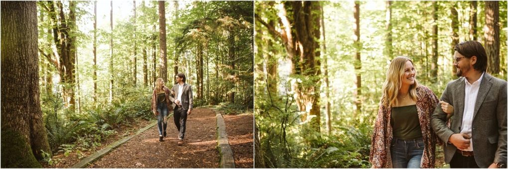 Premier snohomish & seattle wedding photographer | gsquared weddings photography two people walking together on a forest path near snohomish surrounded by tall trees and greenery In the second image they smile and look at each other while walking arm in armcapturing a joyful seattle wedding engagement moment | serving snohomish seattle                   & beyond