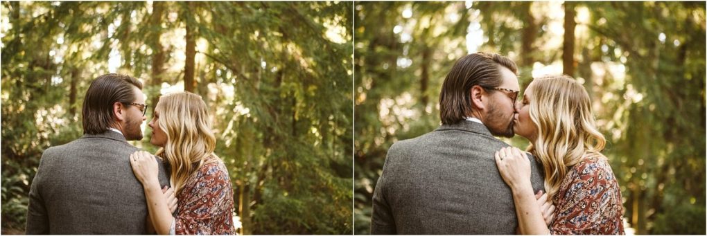 Premier snohomish & seattle wedding photographer | gsquared weddings photography a couple stands close in a sunlit snohomish forest the man in glasses and a grey jacket the woman with wavy blonde hair and a patterned dress In one image they look ahead in the other they share a kisscapturing their seattle engagement | serving snohomish seattle                   & beyond