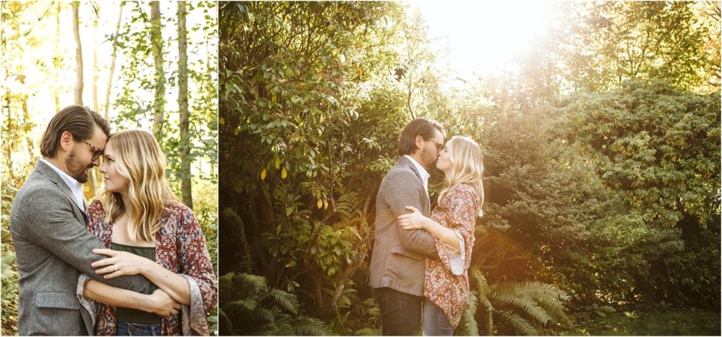Premier snohomish & seattle wedding photographer | gsquared weddings photography a couple embraces affectionately in a sunlit garden both wearing casual autumnal outfits Capturing the warmth of their snohomish seattle engagement they stand closely together amid lush greenery and sunlight filtering through the trees | serving snohomish seattle                   & beyond
