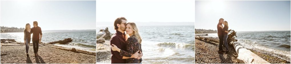 Premier snohomish & seattle wedding photographer | gsquared weddings photography a couple enjoys a sunny day at the beach walking along the shore and embracing by the watercapturing their snohomish seattle wedding engagement with the ocean and bright sky in the background | serving snohomish seattle                   & beyond