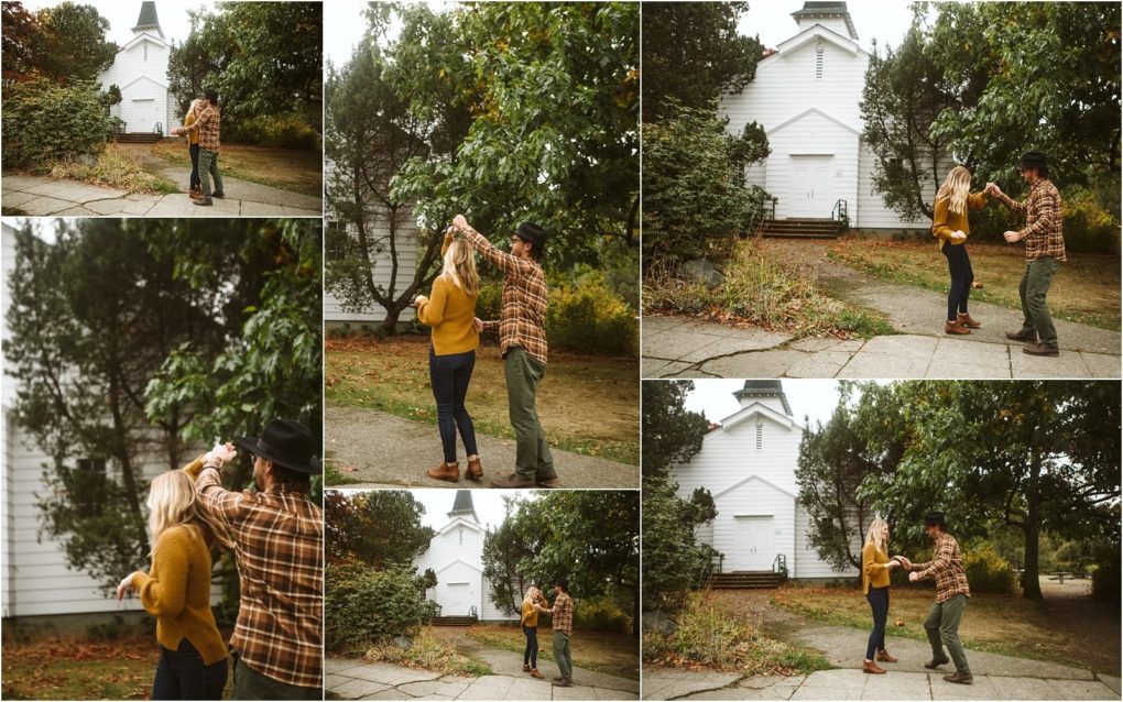 Premier snohomish & seattle wedding photographer | gsquared weddings photography a couple dressed in autumn clothes dances playfully outside a white church building near snohomish surrounded by greenery and trees enjoying each others company in a relaxed outdoor seattle wedding engagement setting | serving snohomish seattle                   & beyond