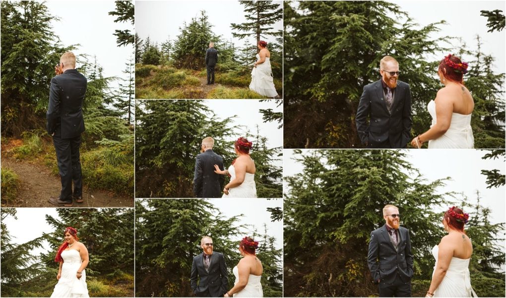 Premier snohomish & seattle wedding photographer | gsquared weddings photography a collage of snohomish wedding photos shows a bride with red hair approaching her groom outdoors by evergreen trees The groom faces away then turns and smiles as they see each other for the first time on their seattle engagement day | serving snohomish seattle                   & beyond