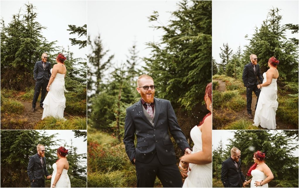 Premier snohomish & seattle wedding photographer | gsquared weddings photography a collage of five photos shows a bride and groom outdoors among green trees and grass during their snohomish wedding The groom with a red beard and the bride in a strapless white dress smile and interact in this natural seattle engagement setting | serving snohomish seattle                   & beyond