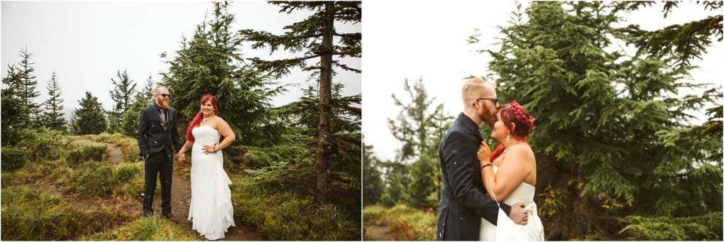 Premier snohomish & seattle wedding photographer | gsquared weddings photography a couple in wedding attire stands outdoors among pine trees at their snohomish engagement in the first image they pose together and in the second they share an intimate moment smiling and holding each other | serving snohomish seattle                   & beyond