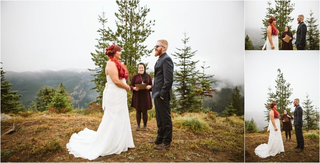 Premier snohomish & seattle wedding photographer | gsquared weddings photography a bride in a white dress and a groom in a dark suit stand outdoors on a misty mountain near snohomish exchanging vows with an officiant between thema stunning seattle wedding scene | serving snohomish seattle                   & beyond