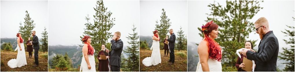 Premier snohomish & seattle wedding photographer | gsquared weddings photography three panel photo of a snohomish outdoor wedding ceremony on a mountain with a red haired bride and groom in glasses exchanging vows A smiling officiant stands behind them framed by trees and mountains capturing the magic of this seattle wedding moment | serving snohomish seattle                   & beyond
