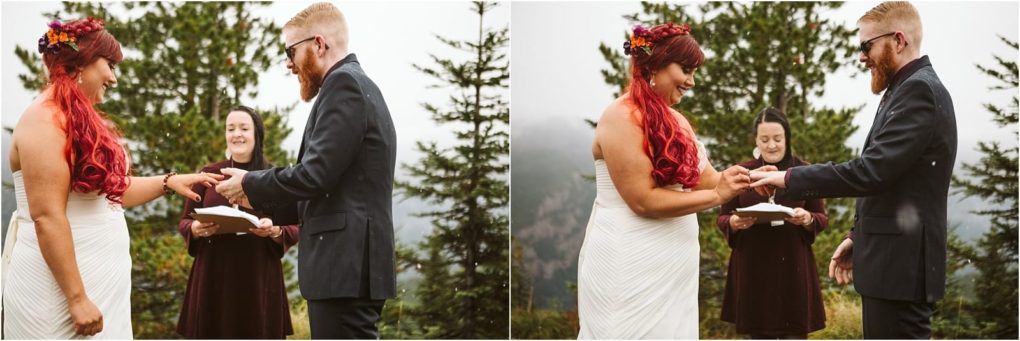 Premier snohomish & seattle wedding photographer | gsquared weddings photography a couple stands outdoors exchanging rings during a snohomish wedding ceremony with a smiling officiant behind them The bride has red hair with flowers and the groom has a beard and glasses Evergreen trees fill the background | serving snohomish seattle                   & beyond