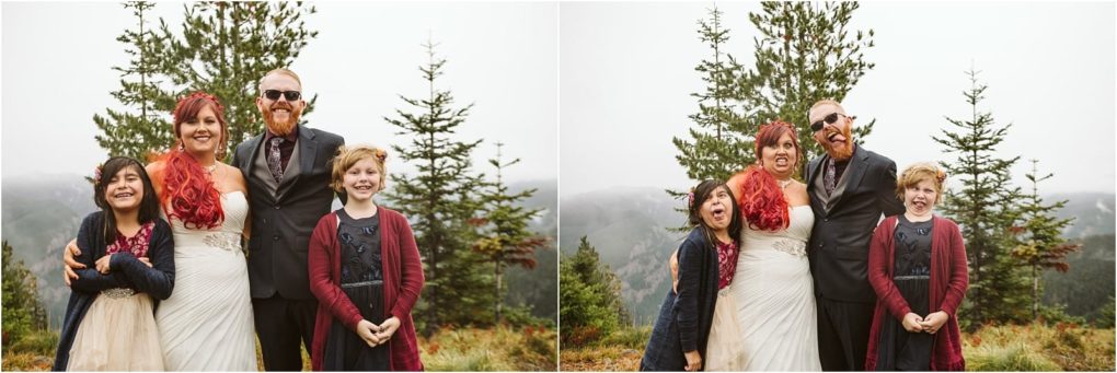 Premier snohomish & seattle wedding photographer | gsquared weddings photography a bride groom and two children stand outdoors in front of evergreen trees smiling and making silly faces for two side by side snohomish wedding photos The misty forested landscape creates a perfect seattle engagement vibe | serving snohomish seattle                   & beyond