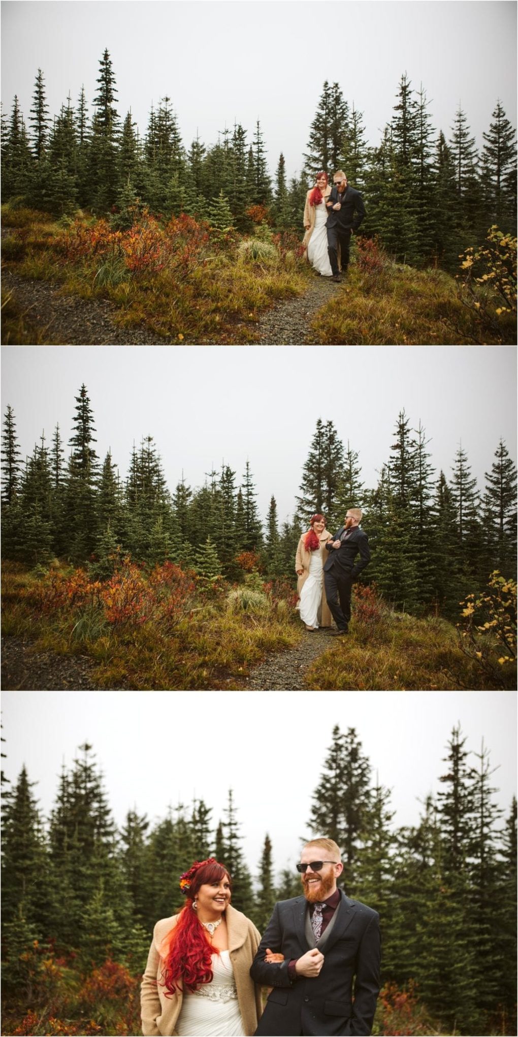 Premier snohomish & seattle wedding photographer | gsquared weddings photography a couple dressed in wedding attire walks through a scenic misty snohomish forest with evergreen trees and autumn foliage smiling and holding hands on a cloudy day during their seattle wedding engagement | serving snohomish seattle                   & beyond