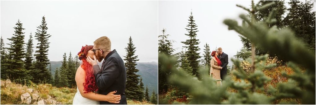 Premier snohomish & seattle wedding photographer | gsquared weddings photography two people dressed for a wedding share a kiss and embrace outdoors on a mountain near snohomish surrounded by evergreen trees and natural scenery under an overcast sky | serving snohomish seattle                   & beyond