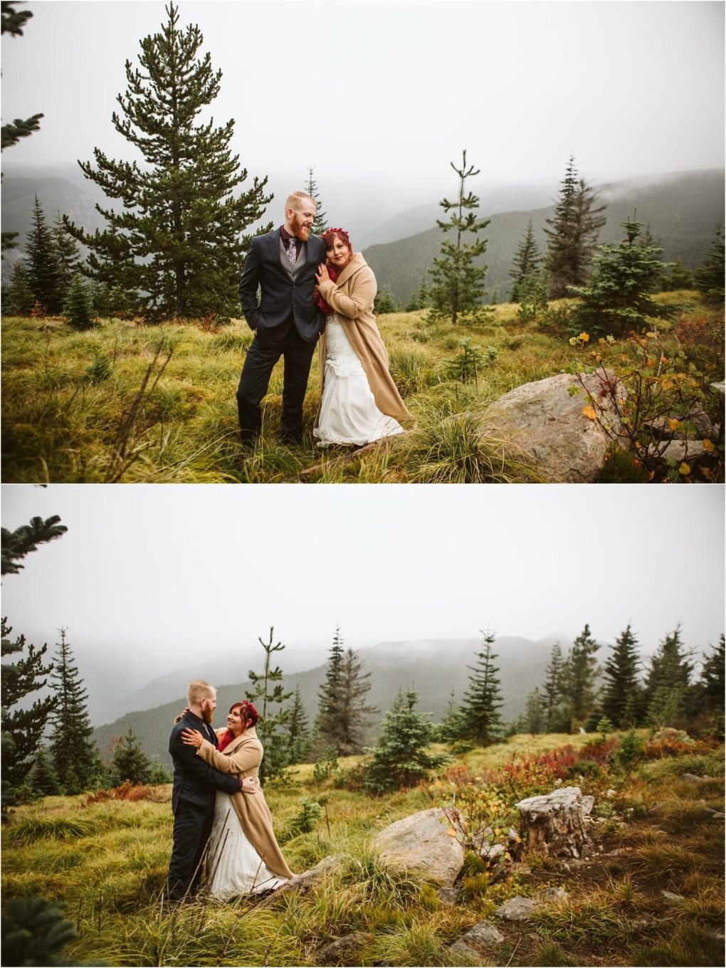 Premier snohomish & seattle wedding photographer | gsquared weddings photography a couple dressed for a snohomish wedding stands close together on a grassy misty mountain hillside surrounded by evergreens The woman wears a dress and tan coat and the man wears a suit | serving snohomish seattle                   & beyond