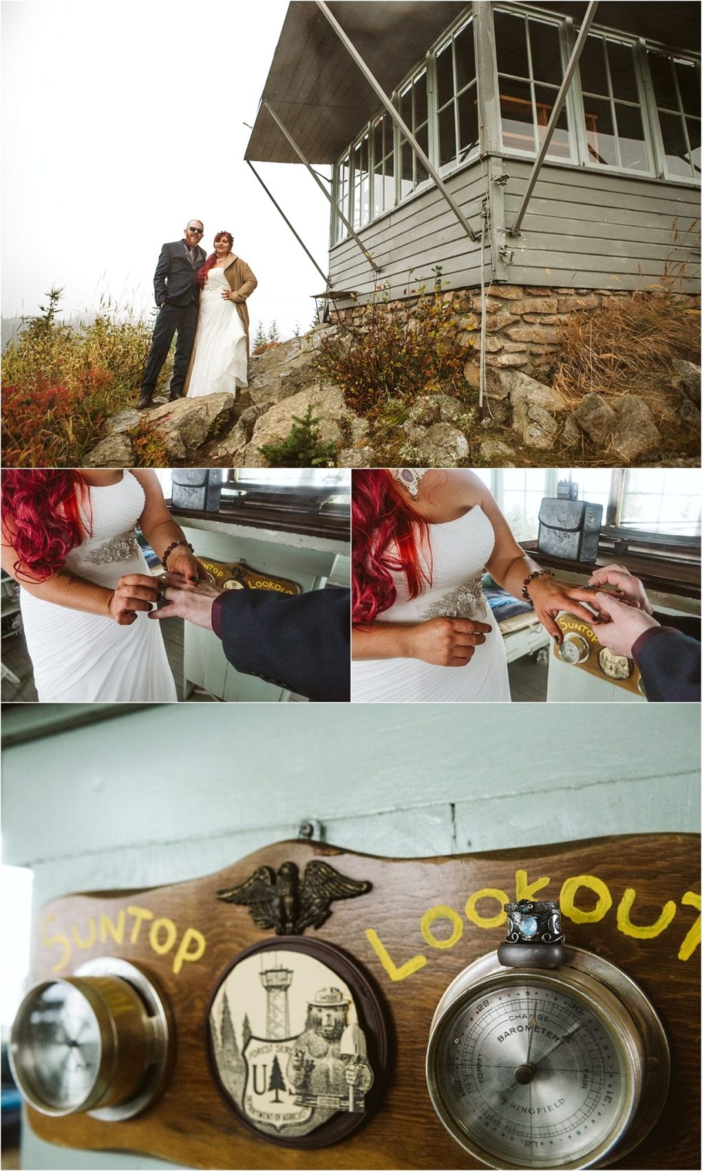 Premier snohomish & seattle wedding photographer | gsquared weddings photography a couple in wedding attire stands outside a mountaintop lookout tower near snohomish close ups show them exchanging rings indoors and a wooden suntop lookout plaque with a barometer and thermometer | serving snohomish seattle                   & beyond