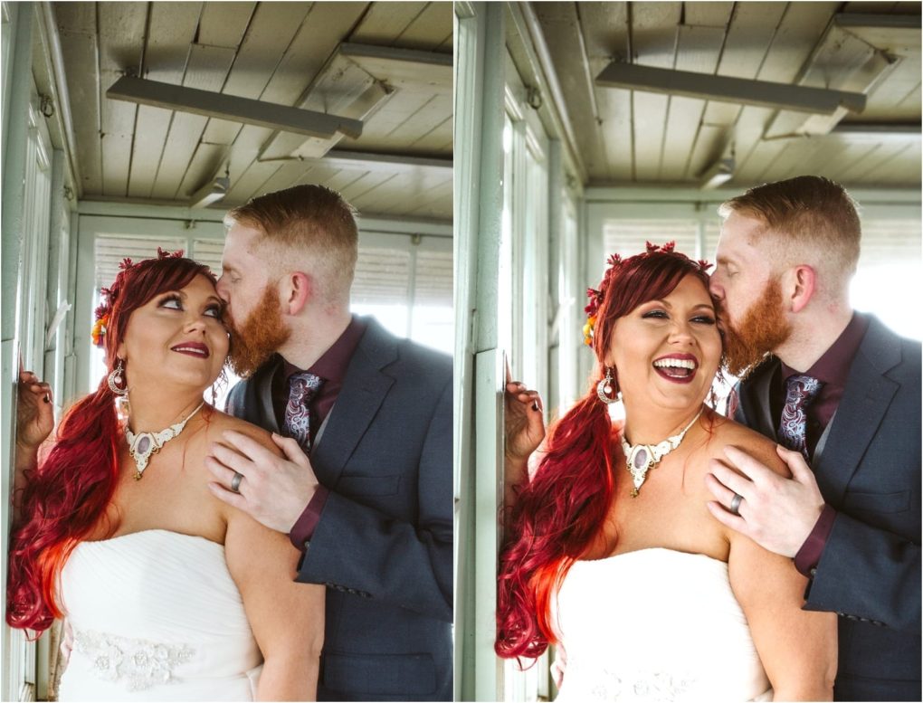 Premier snohomish & seattle wedding photographer | gsquared weddings photography a joyful intimate moment as a bride with red hair and a strapless white dress smiles while her groom kisses her temple in a sunlit wooden rooma perfect snohomish seattle wedding memory | serving snohomish seattle                   & beyond