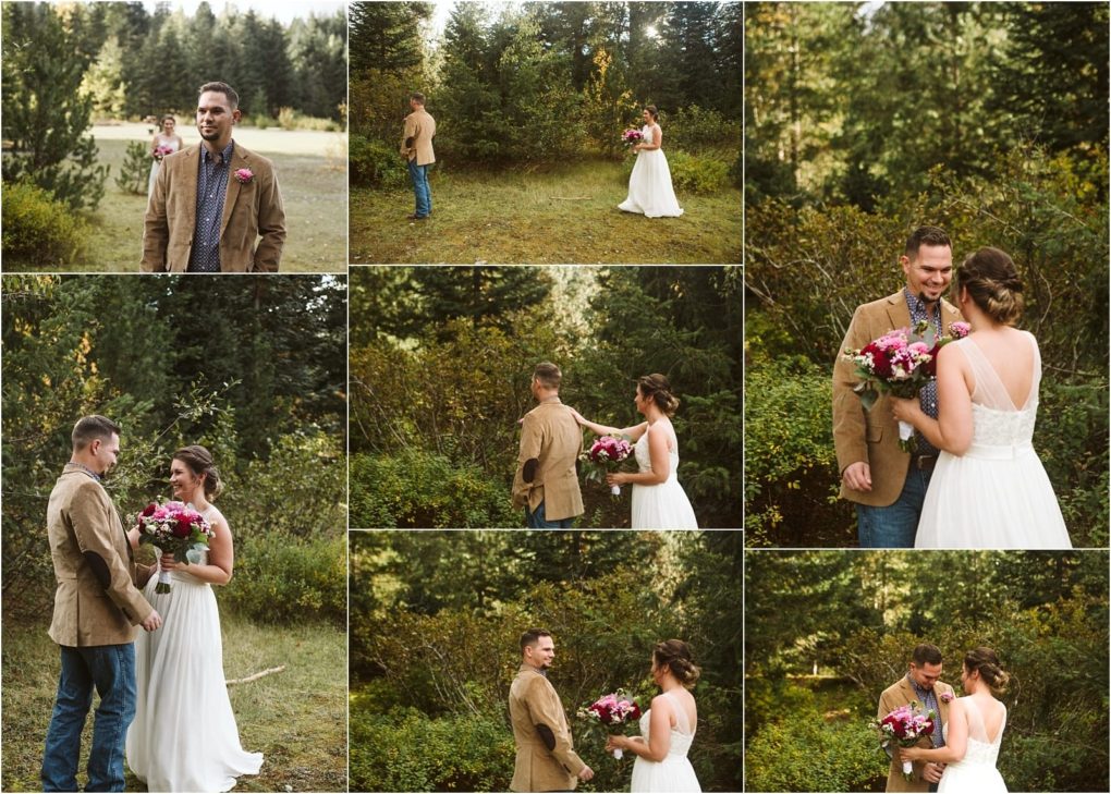 Premier snohomish & seattle wedding photographer | gsquared weddings photography a collage of outdoor snohomish wedding photos shows a bride in a white dress and a groom in a tan jacket having an emotional first look in a forest clearing exchanging smiles holding hands and sharing a special moment together | serving snohomish seattle                   & beyond