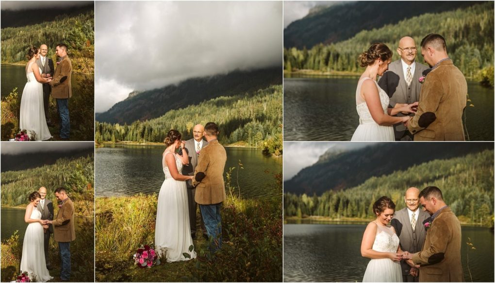 Premier snohomish & seattle wedding photographer | gsquared weddings photography a couple exchanges vows by a lake with a forest and mountains in the background Smiling and holding hands theyre joined by an officiant under cloudy skies in a snohomish outdoor wedding ceremony | serving snohomish seattle                   & beyond