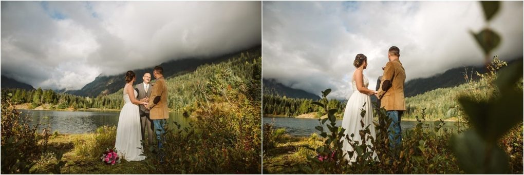 Premier snohomish & seattle wedding photographer | gsquared weddings photography a couple stands hand in hand by a lake near snohomish surrounded by greenery and mountains under a partly cloudy sky with a bouquet of flowers arranged on the ground nearbyperfect for a seattle wedding engagement | serving snohomish seattle                   & beyond