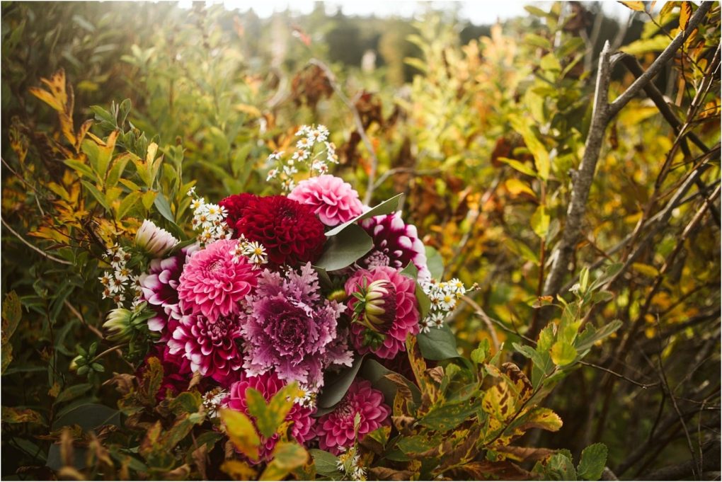Premier snohomish & seattle wedding photographer | gsquared weddings photography a vibrant bouquet of pink red and white flowers rests among green and yellow foliage outdoors with sunlight softly illuminating the sceneperfect for a snohomish seattle wedding or engagement celebration | serving snohomish seattle                   & beyond