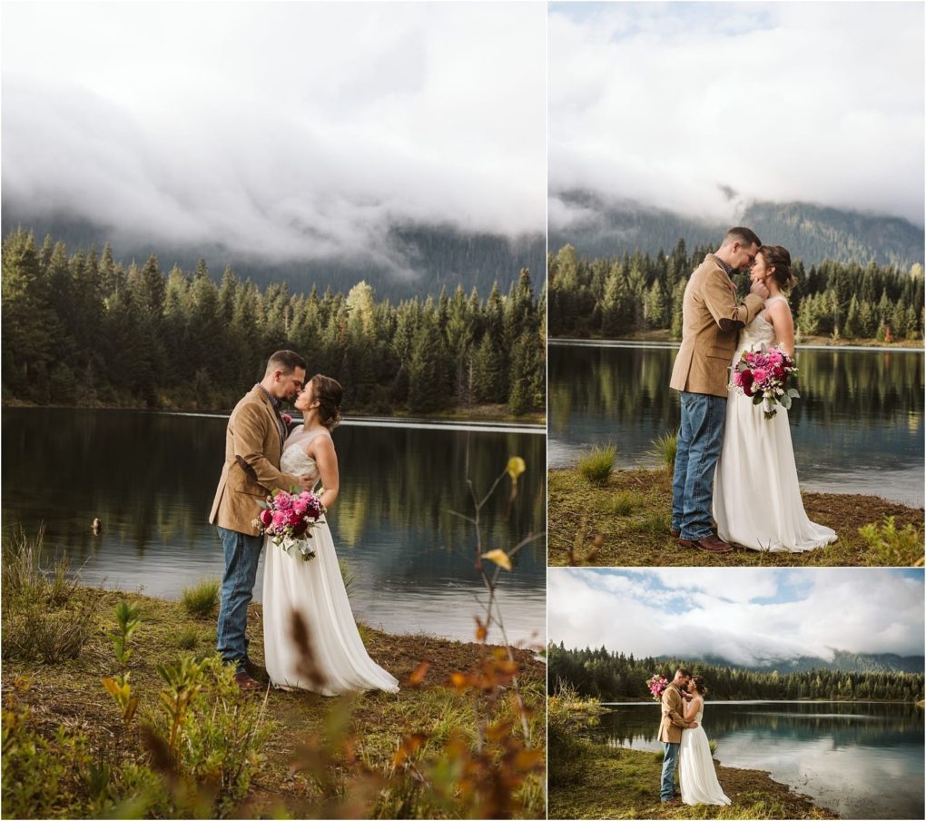 Premier snohomish & seattle wedding photographer | gsquared weddings photography three photos show a snohomish bride and groom embracing by a calm lake surrounded by pine trees and mountains with low hanging clouds The bride holds a bouquet of pink flowers both look happy and in love at their seattle wedding | serving snohomish seattle                   & beyond