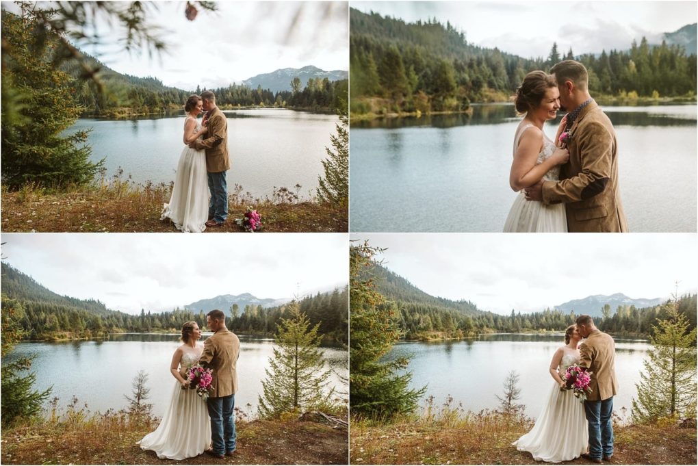 Premier snohomish & seattle wedding photographer | gsquared weddings photography a couple in wedding attire embraces and poses by a scenic lake near snohomish surrounded by pine trees and mountains under a cloudy sky in four different seattle wedding shots | serving snohomish seattle                   & beyond