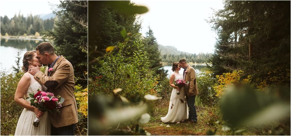 Premier snohomish & seattle wedding photographer | gsquared weddings photography a couple in wedding attire stands close together in a forest clearing near a lake surrounded by lush greenery Capturing a romantic snohomish wedding moment the bride holds pink flowers as the groom gently touches her face during their embrace | serving snohomish seattle                   & beyond
