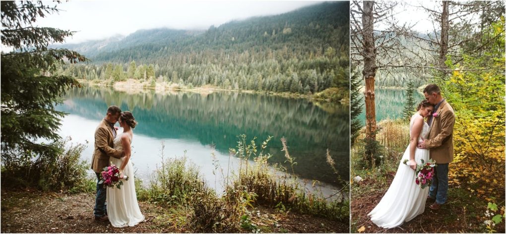 Premier snohomish & seattle wedding photographer | gsquared weddings photography a bride and groom embrace outdoors near a tranquil lake and lush forested mountains in snohomish in another scene they share a quiet moment among autumn leaves the bride holding a bouquetperfect for a seattle wedding engagement | serving snohomish seattle                   & beyond