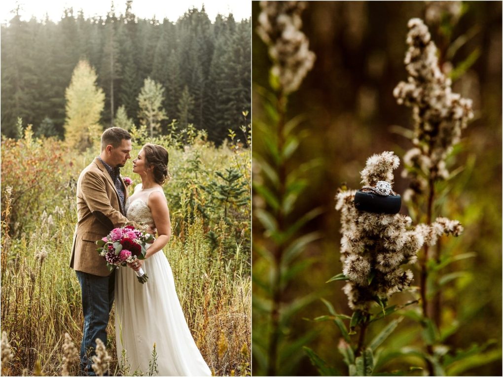 Premier snohomish & seattle wedding photographer | gsquared weddings photography a bride and groom stand in a sunlit snohomish meadow surrounded by tall grass and trees Next to them wedding rings rest on a branch of dried wildflowers capturing the essence of a seattle wedding engagement | serving snohomish seattle                   & beyond