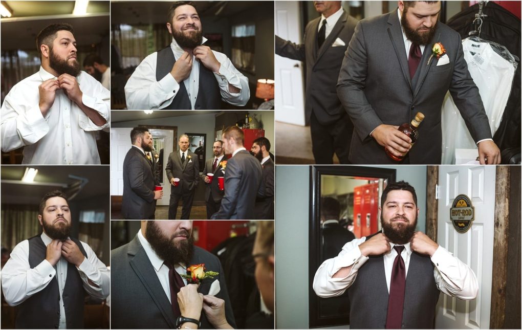 Premier snohomish & seattle wedding photographer | gsquared weddings photography a collage shows a groom and groomsmen getting ready for a snohomish weddingadjusting ties buttoning shirts chatting and holding a bottle of liquor all dressed in suits in a dressing room | serving snohomish seattle                   & beyond