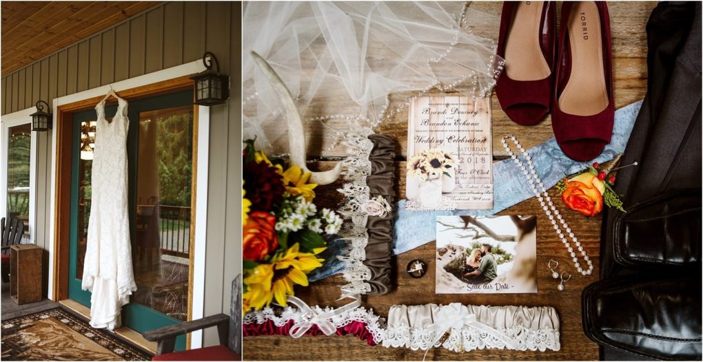 Premier snohomish & seattle wedding photographer | gsquared weddings photography left a lace wedding dress hangs on a porch door in snohomish Right flat lay of wedding accessories including shoes garters jewelry flowers a veil and a seattle wedding invitation arranged on a wooden surface | serving snohomish seattle                   & beyond