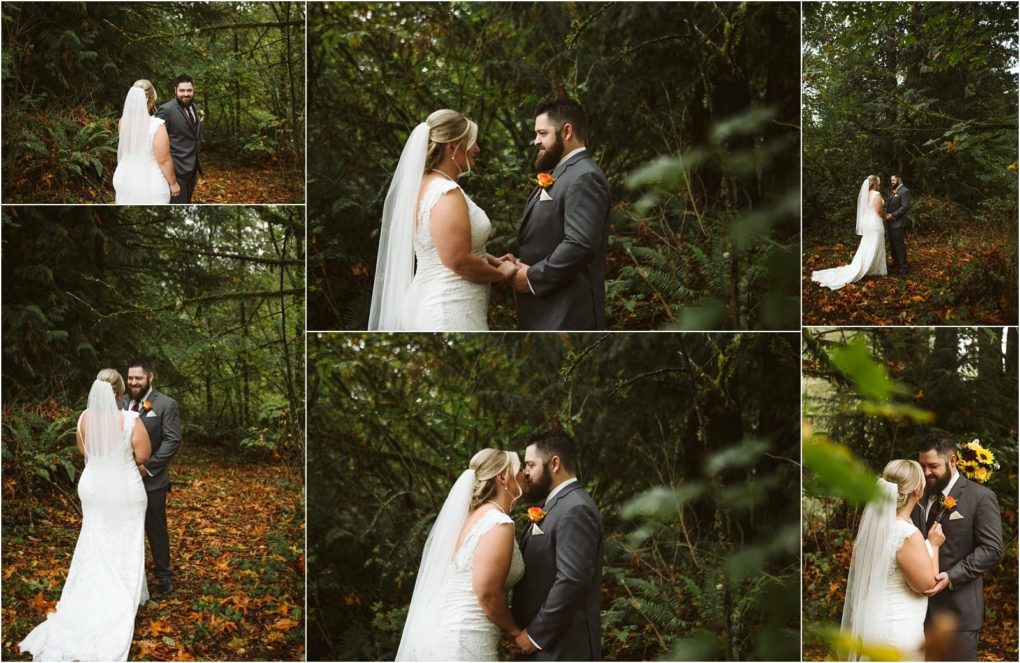 Premier snohomish & seattle wedding photographer | gsquared weddings photography a collage of photos shows a bride and groom in a forest near snohomish holding hands facing each other and embracing The bride wears a white dress and veil the groom wears a gray suit with an orange boutonniere | serving snohomish seattle                   & beyond