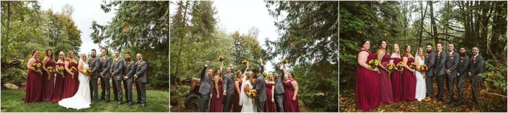 Premier snohomish & seattle wedding photographer | gsquared weddings photography a wedding party poses outdoors in snohomish surrounded by trees The group includes the bride in white groom bridesmaids in burgundy dresses with yellow bouquets and groomsmen in gray suitscapturing a classic seattle wedding moment | serving snohomish seattle                   & beyond