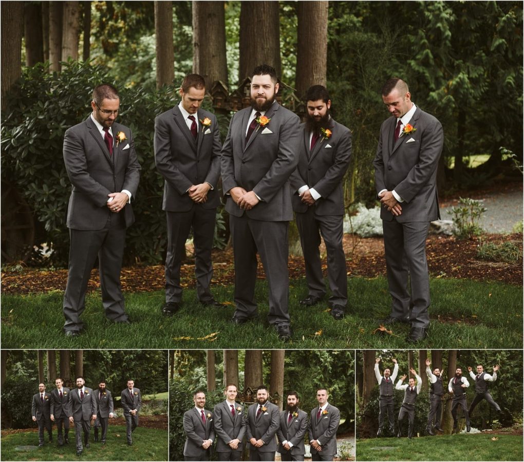 Premier snohomish & seattle wedding photographer | gsquared weddings photography a group of five men in gray suits with burgundy ties pose for formal and playful photos among tall trees and greenery at a snohomish wedding capturing the spirit of a seattle engagement celebration | serving snohomish seattle                   & beyond