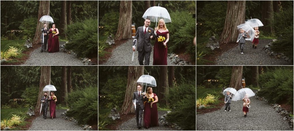 Premier snohomish & seattle wedding photographer | gsquared weddings photography six photos of a snohomish wedding party walking on a gravel path through a forest while holding clear umbrellas Two adults and two children dressed formally and smiling walk together down the path near seattle | serving snohomish seattle                   & beyond