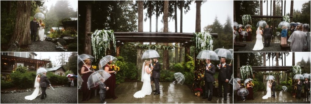 Premier snohomish & seattle wedding photographer | gsquared weddings photography a collage of outdoor snohomish wedding photos in a forest setting with the bride groom and guests under transparent umbrellas on a rainy day surrounded by greenery and wooden structures near seattle | serving snohomish seattle                   & beyond