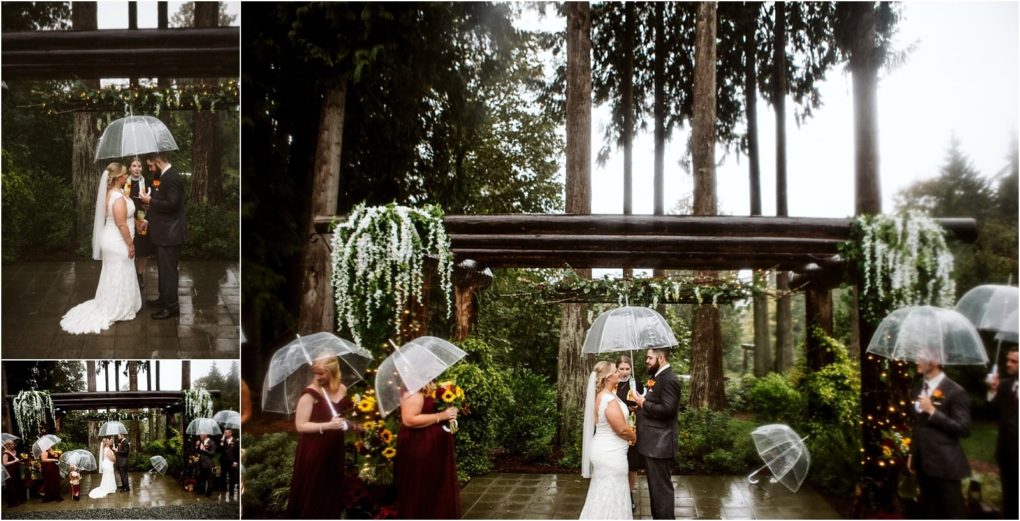 Premier snohomish & seattle wedding photographer | gsquared weddings photography a bride and groom stand under clear umbrellas during a rainy snohomish wedding ceremony surrounded by bridesmaids with umbrellas and lush green forested sceneryperfect for a romantic seattle engagement celebration | serving snohomish seattle                   & beyond