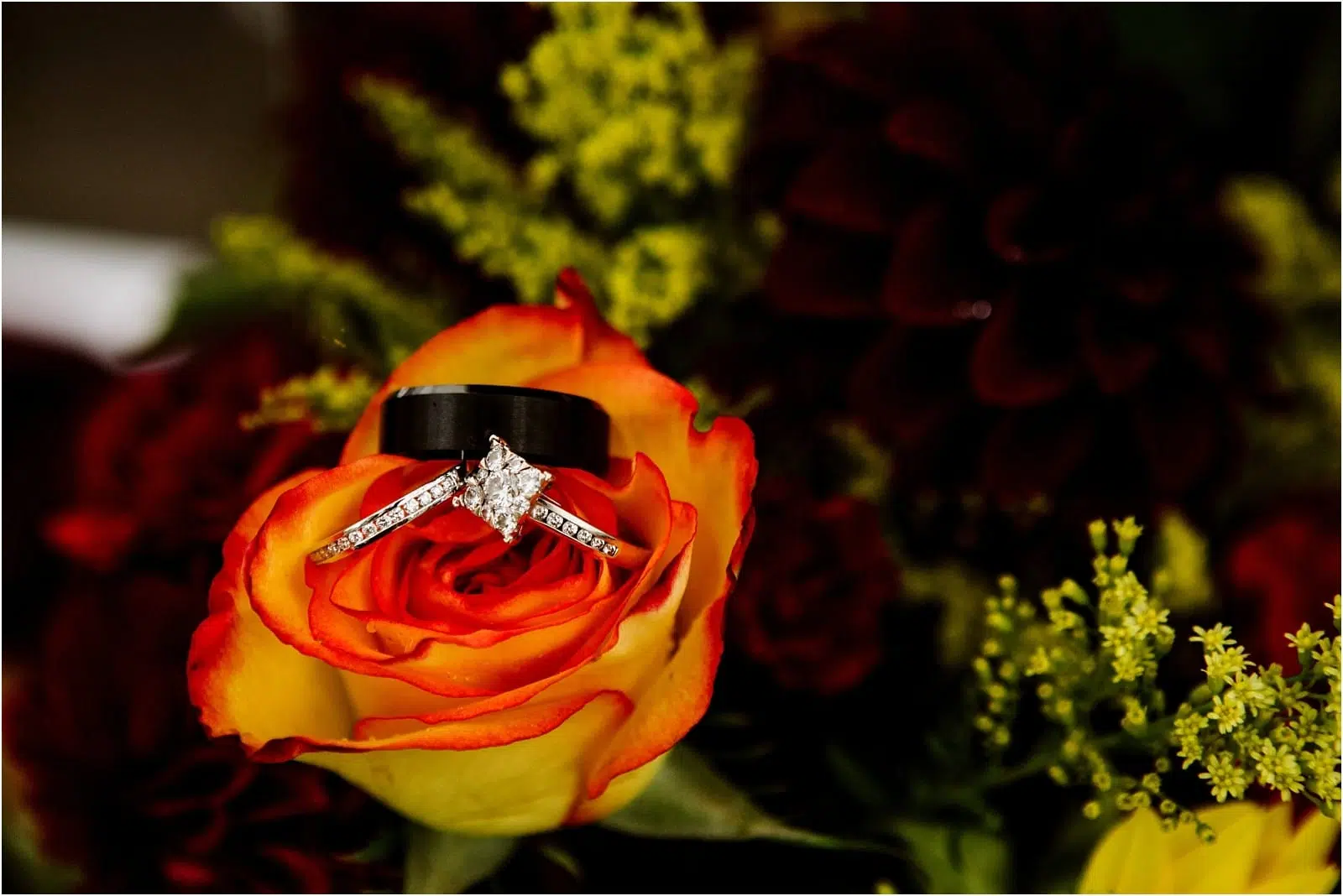 Premier Snohomish & Seattle Wedding Photographer | GSquared Weddings Photography A diamond engagement ring and a black wedding band rest on a yellow and orange rose, surrounded by dark red flowers and green foliage—capturing the elegance of a Snohomish Seattle wedding engagement. 47.9129° N, 122.0982° W | Serving Snohomish, Seattle , Orlando & Beyond