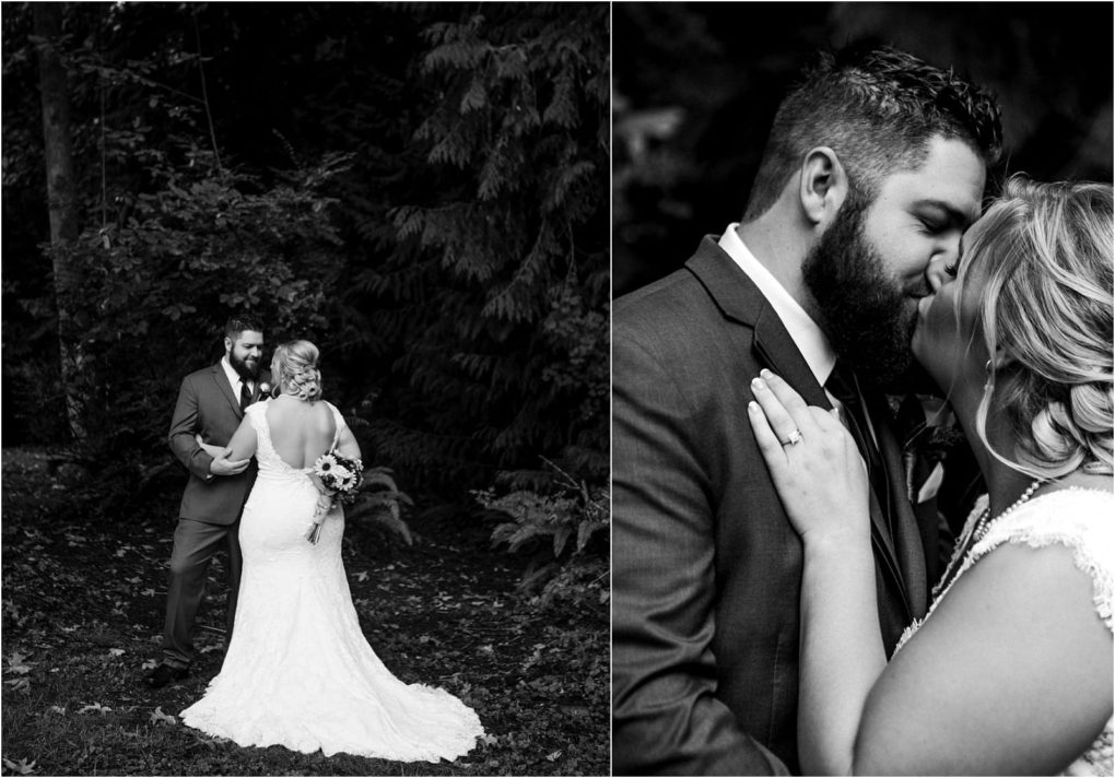 Premier snohomish & seattle wedding photographer | gsquared weddings photography two black and white snohomish wedding photos left a bride and groom stand outdoors holding hands and smiling right a close up shows them sharing an intimate moment nearly kissing as the bride rests her hand on the grooms chest | serving snohomish seattle                   & beyond