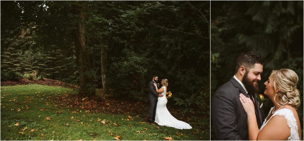 Premier snohomish & seattle wedding photographer | gsquared weddings photography a bride and groom stand together outdoors in snohomish surrounded by trees and fallen leaves In a close up they smile at each other lovingly with the bride holding a yellow bouquetcapturing their seattle wedding engagement | serving snohomish seattle                   & beyond