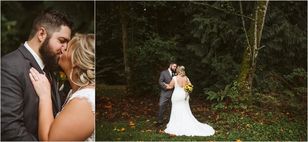 Premier snohomish & seattle wedding photographer | gsquared weddings photography a bride and groom embrace outdoors among lush green trees at their snohomish seattle wedding In one photo they share an intimate close up in the other they stand in a clearing with the bride holding a bouquet of sunflowers | serving snohomish seattle                   & beyond