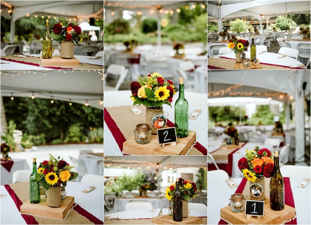 Premier snohomish & seattle wedding photographer | gsquared weddings photography collage of snohomish seattle wedding reception table centerpieces featuring sunflowers and red flowers in jars and green bottles with candles wood slices and table numbers under a white outdoor tent with string lights | serving snohomish seattle                   & beyond