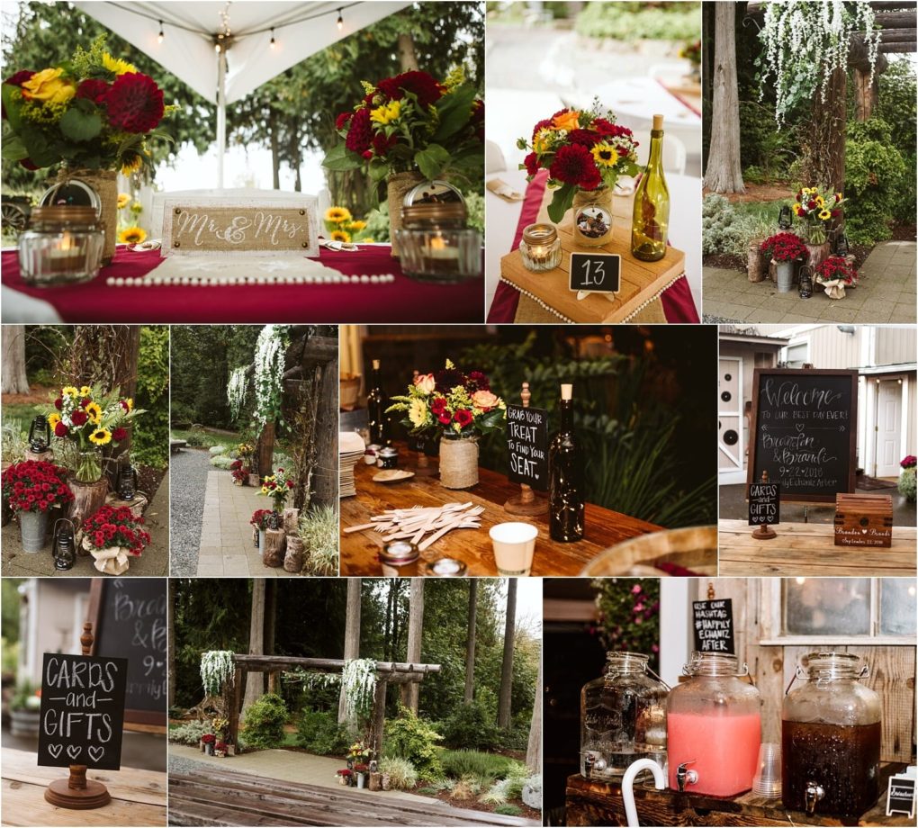 Premier snohomish & seattle wedding photographer | gsquared weddings photography collage of rustic outdoor wedding decorations perfect for a snohomish seattle wedding engagement featuring sunflowers mason jars lanterns chalkboard signs drink dispensers and wooden accents in a garden with cozy vintage details | serving snohomish seattle                   & beyond