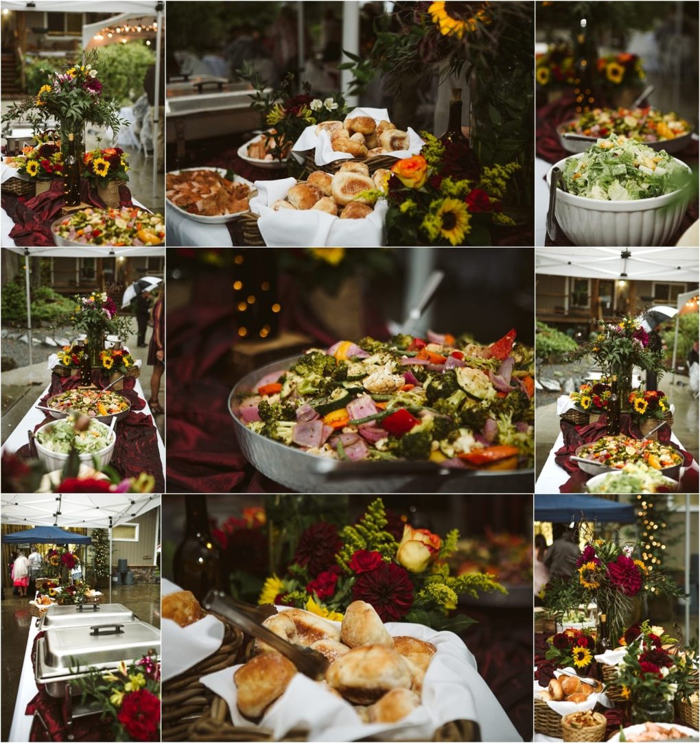 Premier snohomish & seattle wedding photographer | gsquared weddings photography collage of buffet style outdoor catering at a snohomish seattle wedding featuring bread salads and floral centerpieces on tables The setup includes baskets of rolls mixed greens pasta salad and decorative flowers under a covered area | serving snohomish seattle                   & beyond